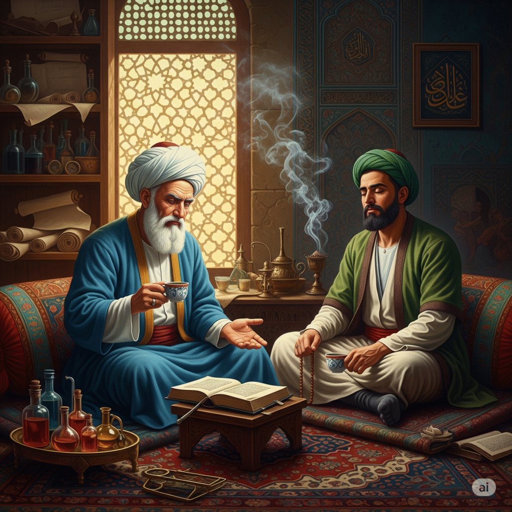 تصویری به سبک نقاشی تاریخی که در آن یک پزشک باستانی ایرانی و یک عارف، هر دو قهوه مینوشند. پزشک در حالی که یک کتاب طب سنتی در دست دارد، در حال تأمل است. عارف نیز با چشمانی بسته و دانههای تسبیح در دست، در حال مراقبه است. این صحنه، نگاه دوگانه به قهوه به عنوان یک داروی شفابخش و ابزاری برای رسیدن به حالات معنوی را نشان میدهد.
