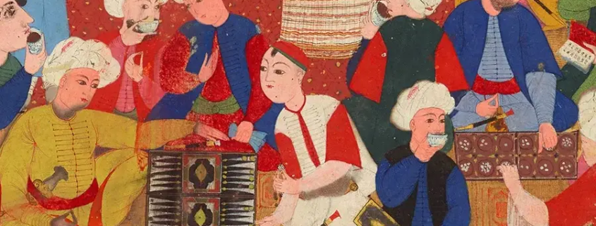 این یک نقاشی از دوره امپراتوری عثمانی است که گروهی از مردان را نشان می‌دهد که روی زمین در یک اتاق نشسته‌اند. بعضی از آن‌ها کلاه و لباس سنتی پوشیده‌اند. یک مرد با ژاکت آبی در حال نوشیدن از یک کاسه کوچک است. مردی دیگر پیپ در دست دارد و بقیه با یکدیگر صحبت می‌کنند. اتاق با طرح‌ها و بافت‌های قرمز تزئین شده است.